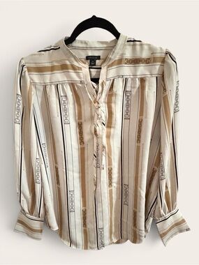 Ann Taylor Cream and Beige Striped Tie-Neck Blouse